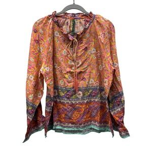 Aratta Silent Journey Watercolor Dreams Blouse Paisley Boho Size S Beaded Tassel